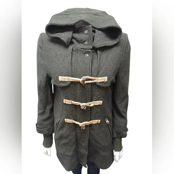 Free People EUC Dark Green Hooded Wool Blend Coat Size S/P - Picture 3 of 12